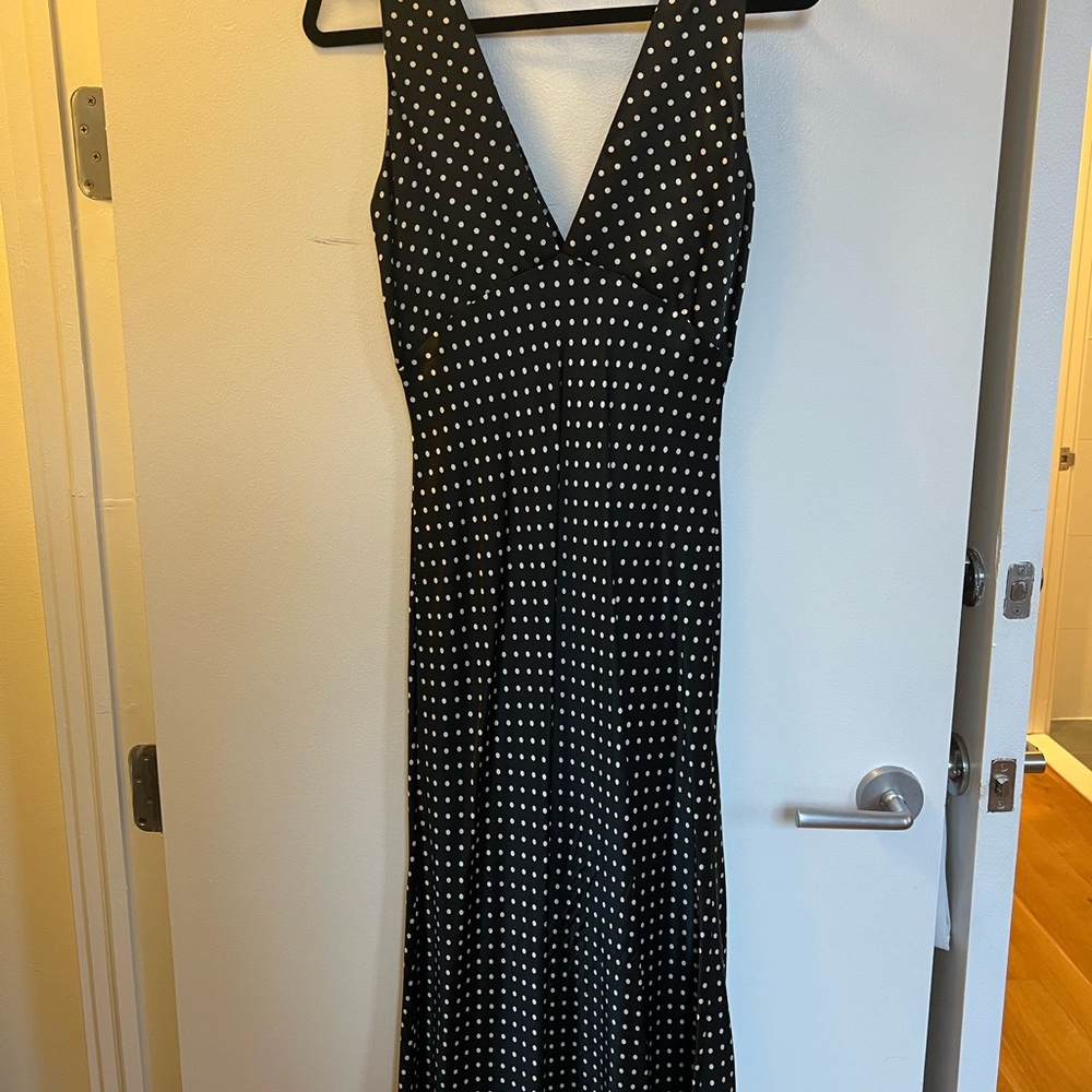 - Ciao Lucia silk slip dress size M, black and white polka dot, calf length